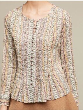 Maeve Floral Stripe Button-Front Peplum Blouse in Cream, Pink, Yellow